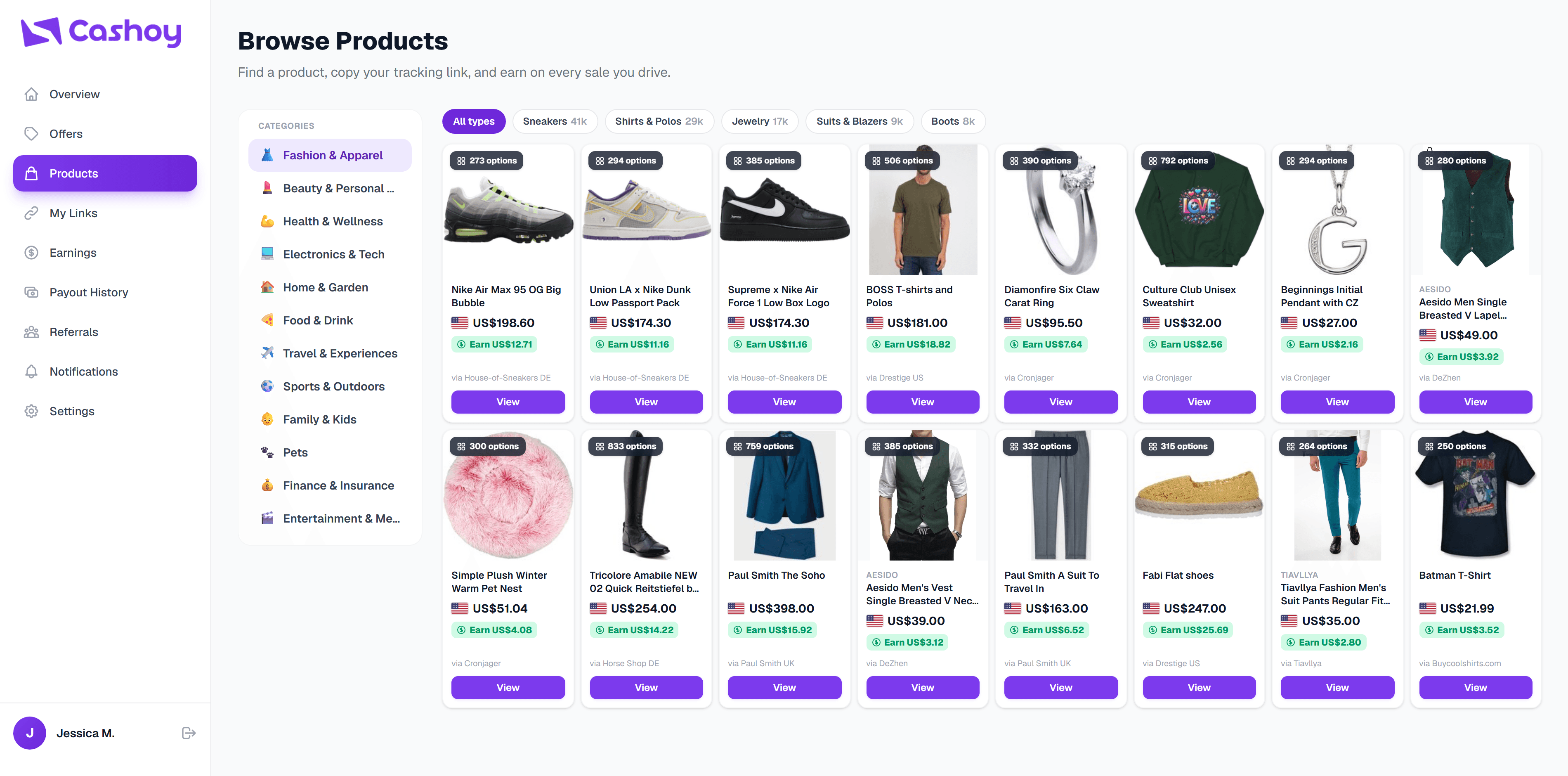 Cashoy products browse showing fashion products with prices and per-sale earnings